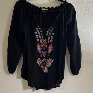 Grand & Greene Black Blouse with Colorful Embroidery